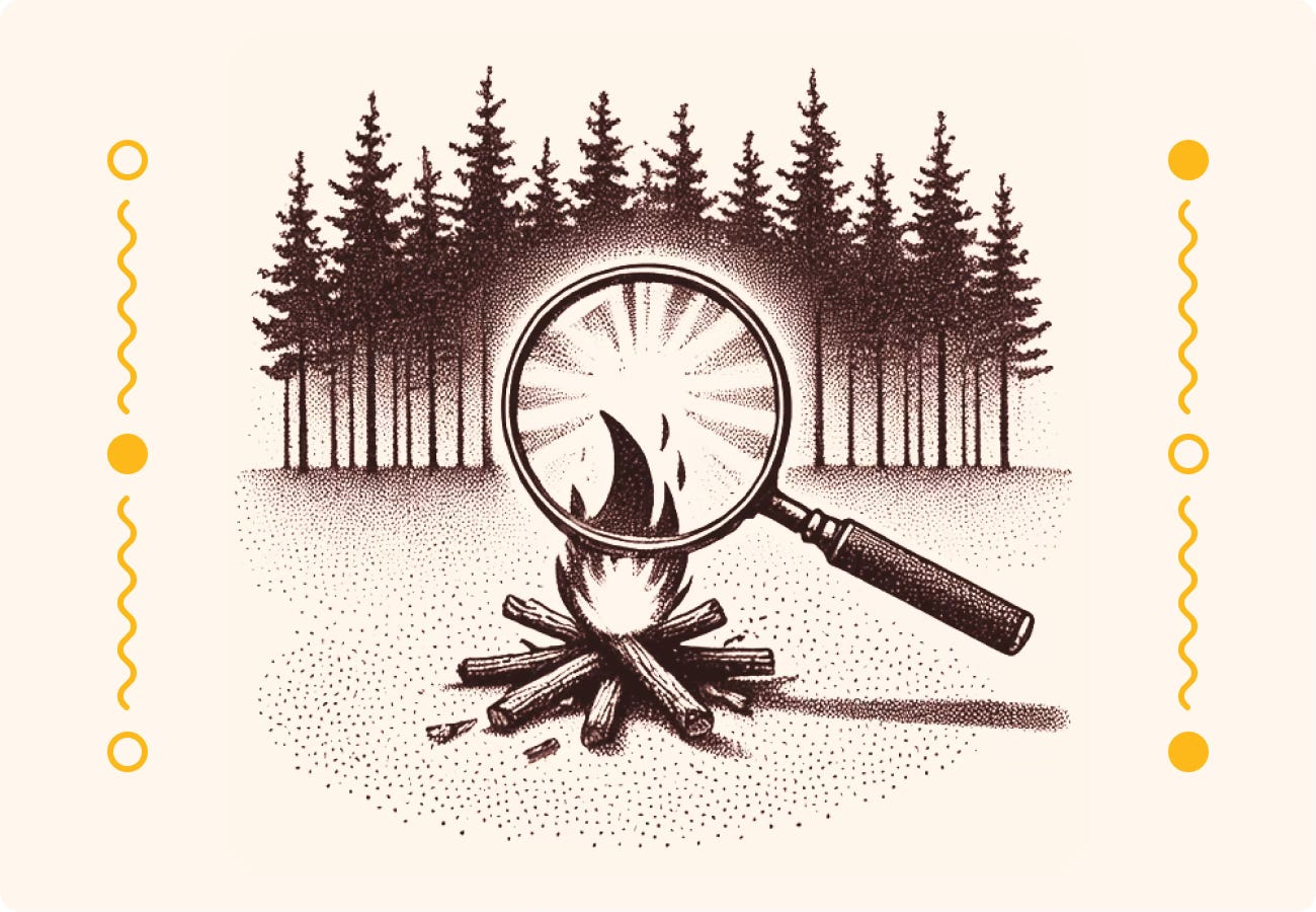 An illustration of a fire in a clearing in the woods, started using a magnifying glass to focus light from the sun