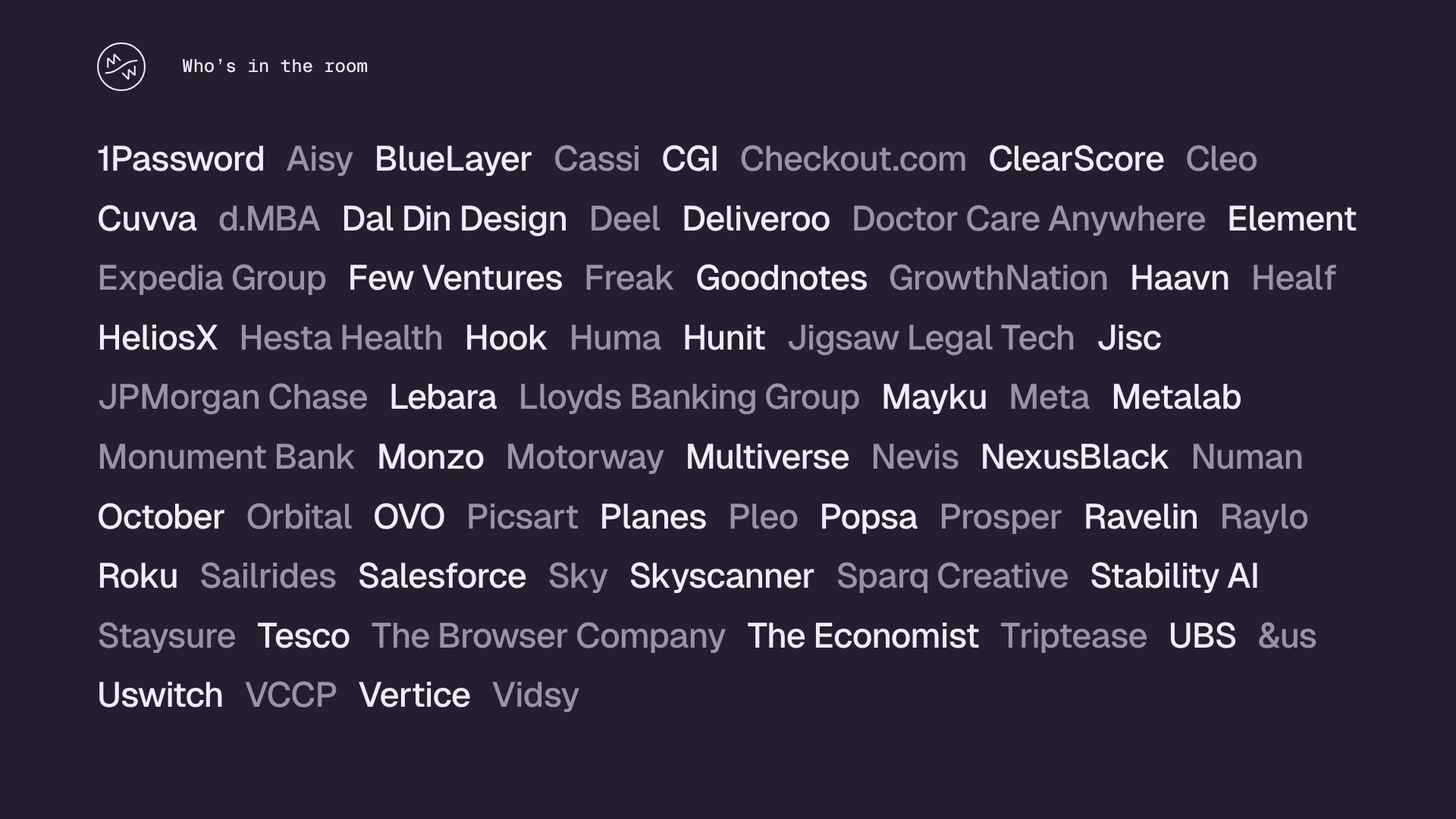 "Who's in the room" slide listing the companies attendees came from: 1Password, Aisy, BlueLayer, Cassi, CGI, Checkout.com, ClearScore, Cleo, Cuvva, d.MBA, Dal Din Design, Deel, Deliveroo, Doctor Care Anywhere, Element, Expedia Group, Few Ventures, Freak, Goodnotes, GrowthNation, Haavn, Healf, HeliosX, Hesta Health, Hook, Huma, Hunit, Jigsaw Legal Tech, Jisc, JPMorgan Chase, Lebara, Lloyds Banking Group, Mayku, Meta, Metalab, Monument Bank, Monzo, Motorway, Multiverse, Nevis, NexusBlack, Numan, October, Orbital, OVO, Picsart, Planes, Pleo, Popsa, Prosper, Ravelin, Raylo, Roku, Sailrides, Salesforce, Sky, Skyscanner, Sparq Creative, Stability AI, Staysure, Tesco, The Browser Company, The Economist, Triptease, UBS, &us, Uswitch, VCCP, Vertice and Vidsy.