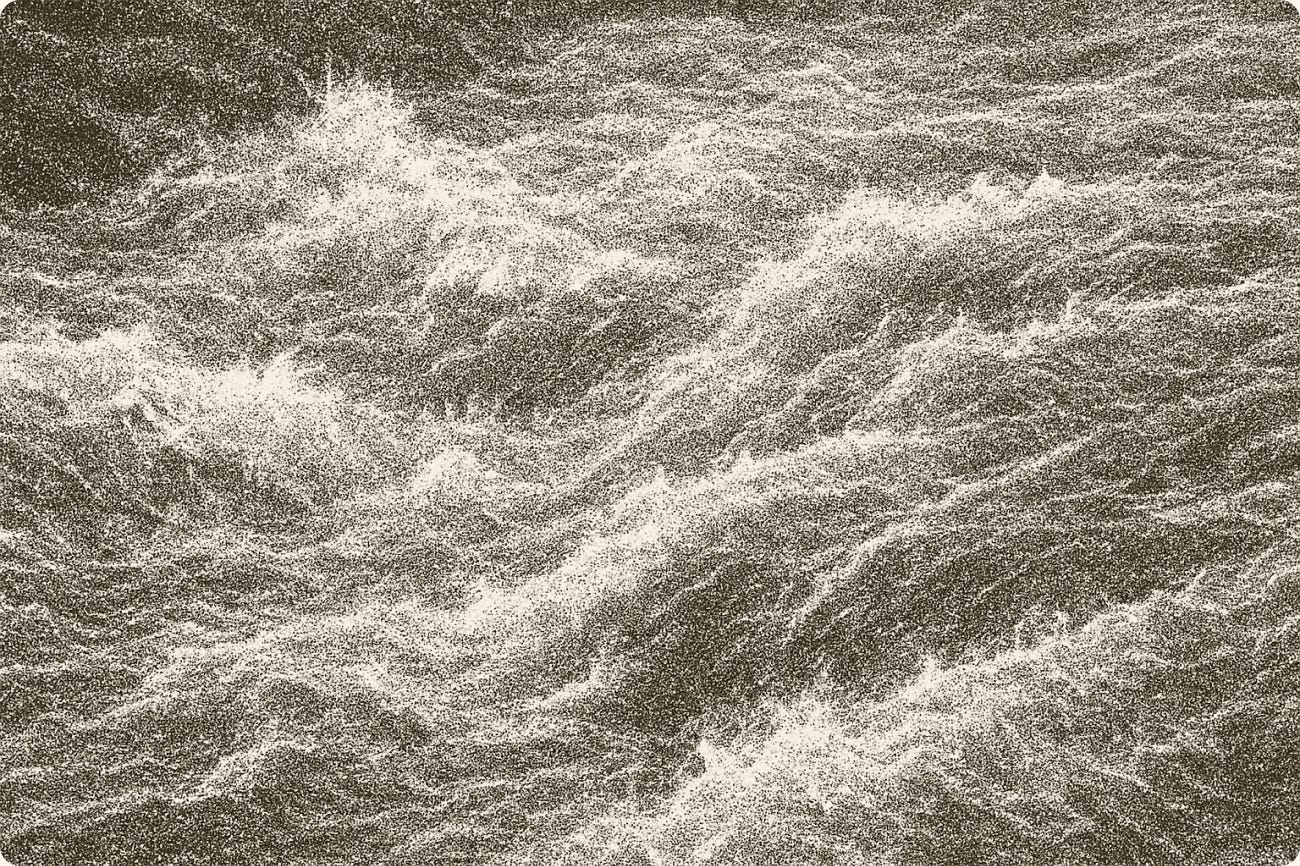 Stippled illustration of rough, churning sea waves