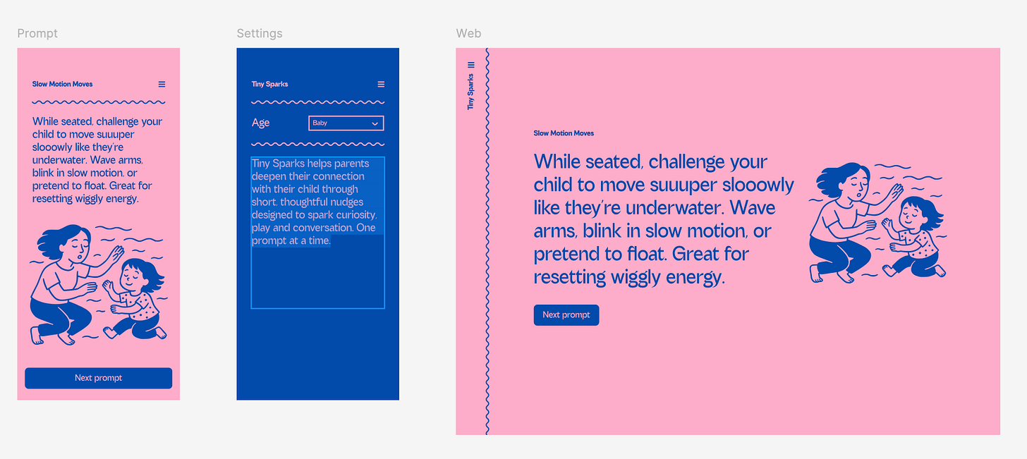 Figma frames for Tiny Sparks: pink and blue mobile prompt and settings screens and a wide web layout, using a simple palette, playful type and a line illustration of a parent and child