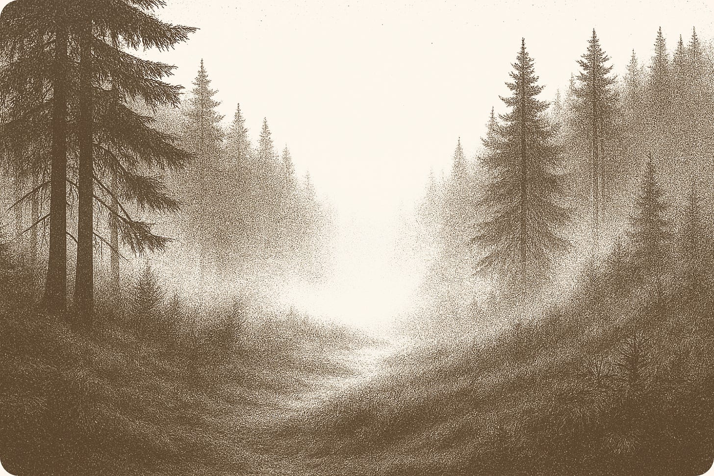An illustration of a foggy path through the forest